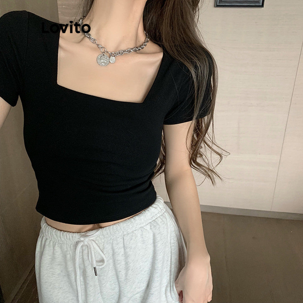Lovito Casual Camiseta Feminina Lisa Básica com Decote Quadrado