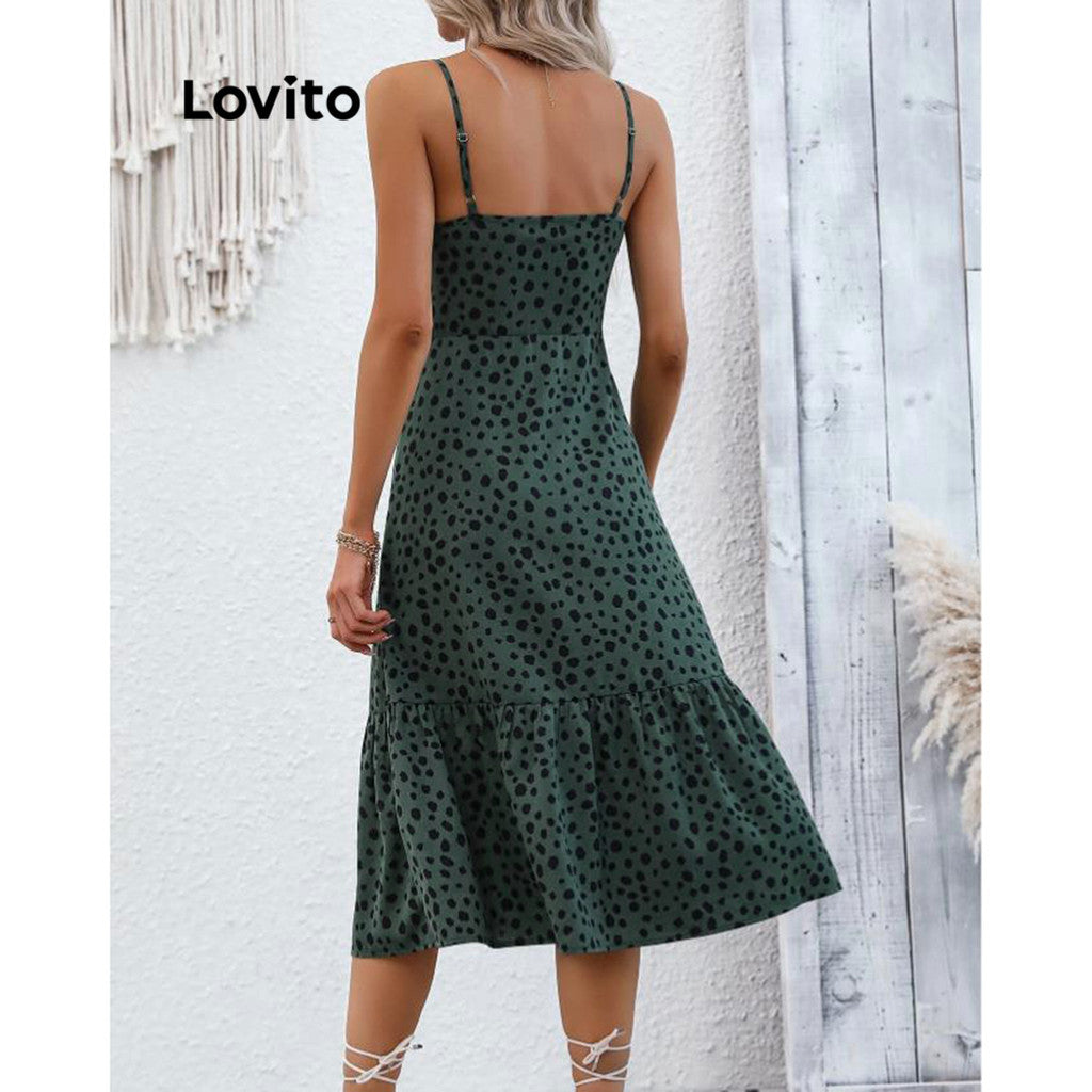 Lovito Vestido Casual Feminino Com Babados Frontais Com Botão De Bolinhas