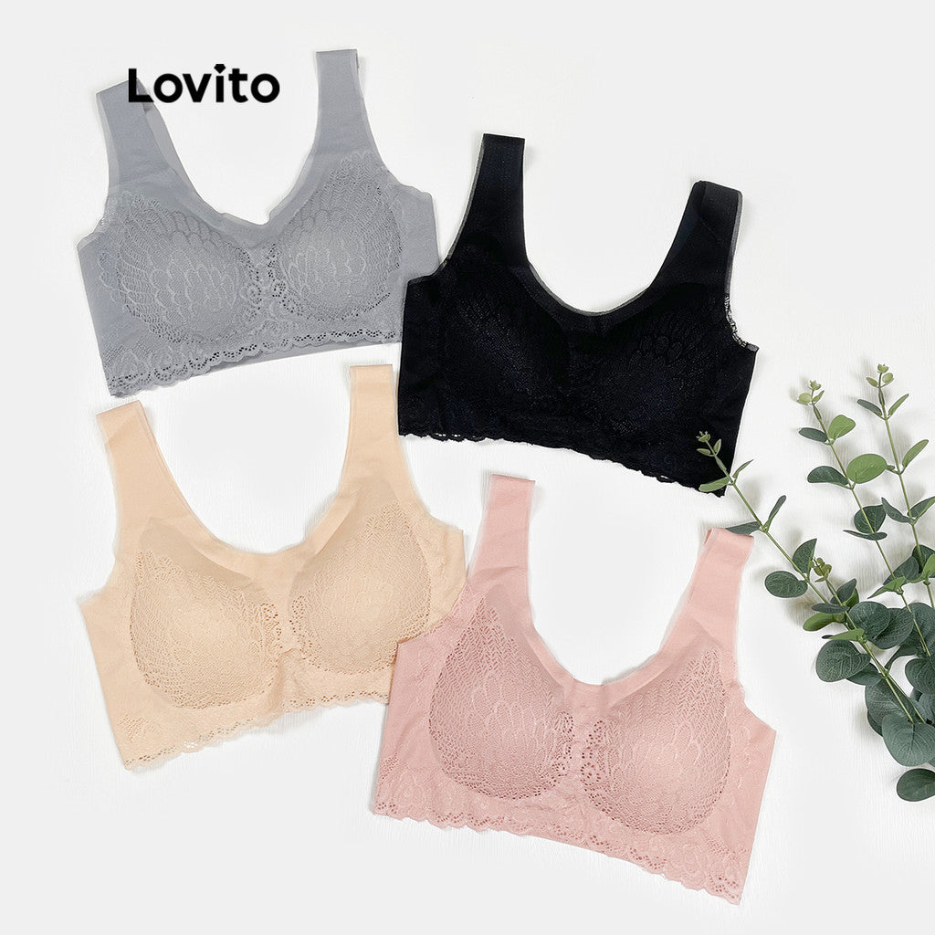 Lovito Casual Sutiã com Renda e Almofadas Removíveis Ajuste Ajustável