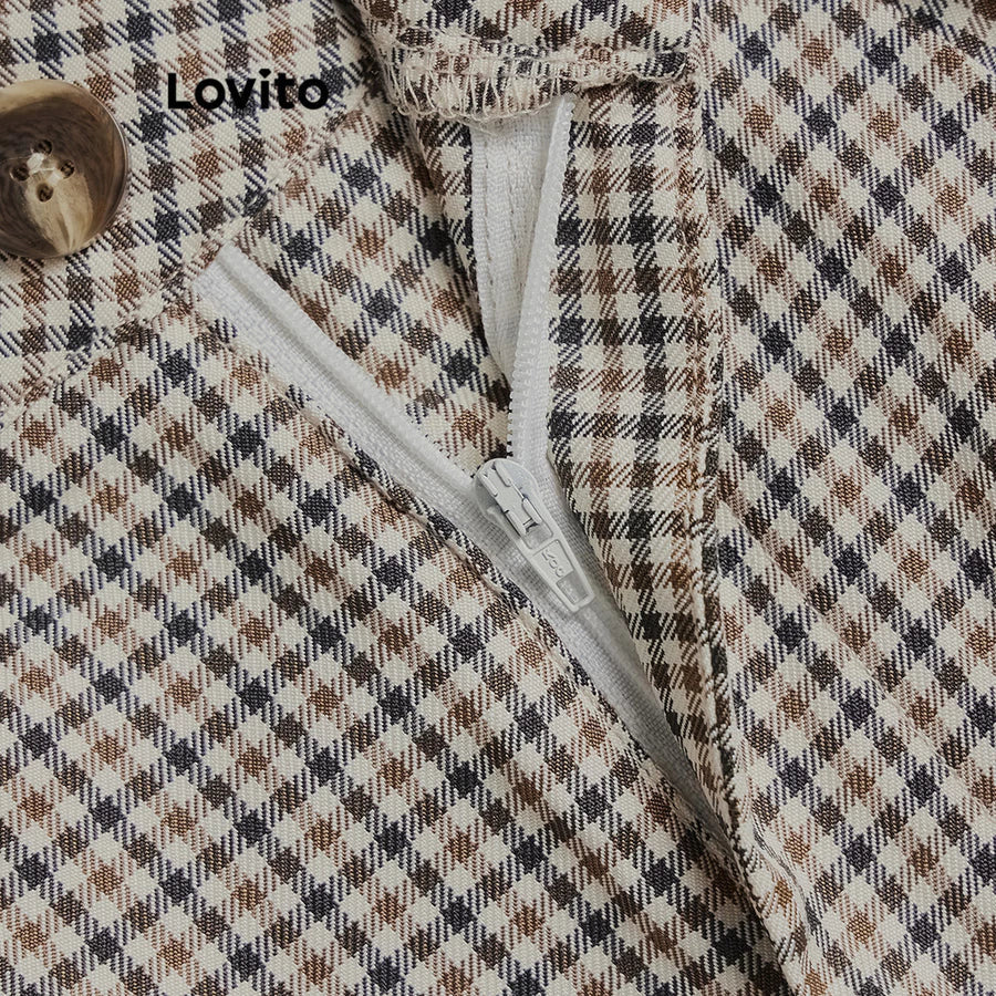 Lovito Casual Calça Feminina Gingham com Botão