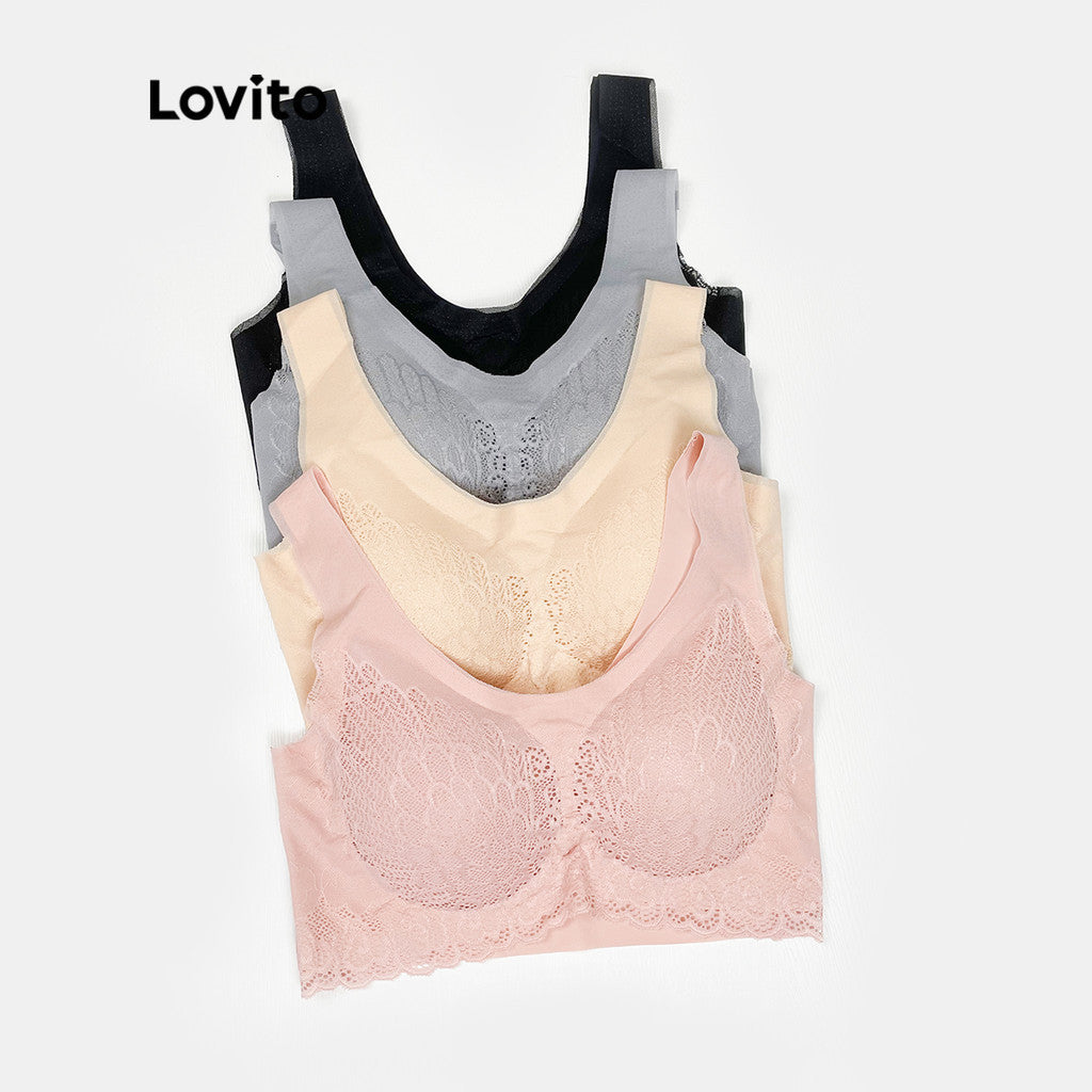 Lovito Casual Sutiã com Renda e Almofadas Removíveis Ajuste Ajustável