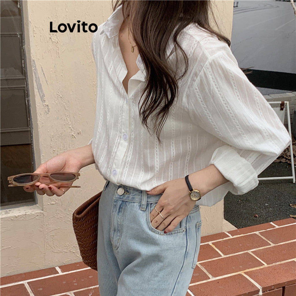 Lovito Casual Blusa Feminina Lisa de Jacquard com Manga Comprida