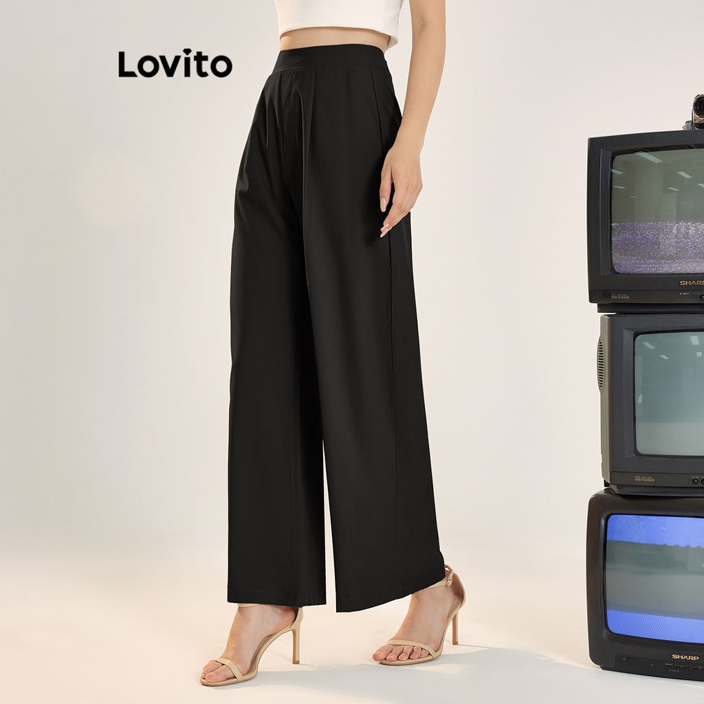 Lovito Calça com Bolsos de Cintura Alta e Estrutura de Linha Casual Simples