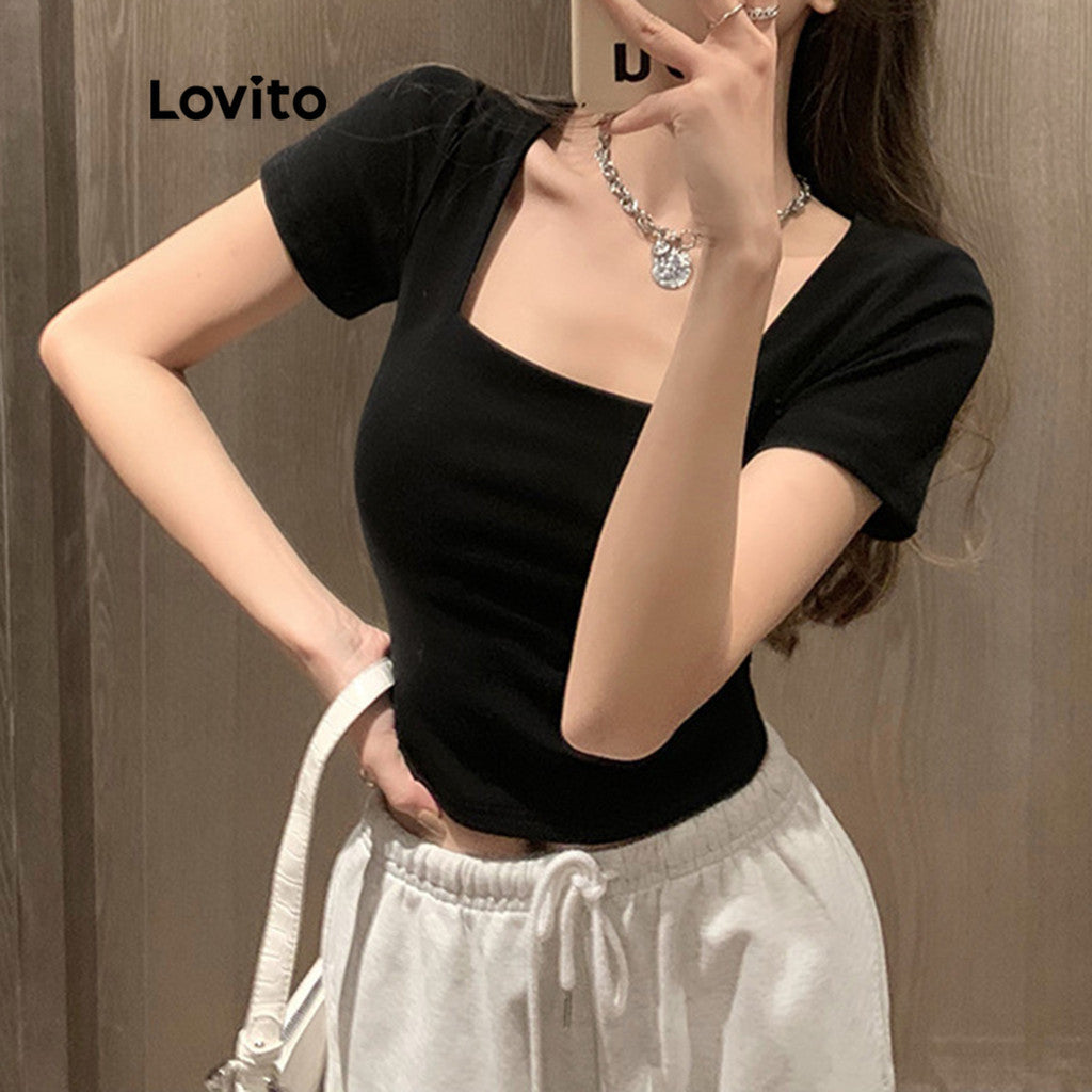 Lovito Casual Camiseta Feminina Lisa Básica com Decote Quadrado