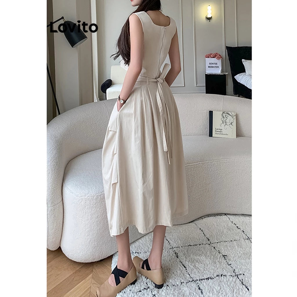 Lovito Casual Conjunto Feminino Liso de Saia Plissada com Cinto e Bolso