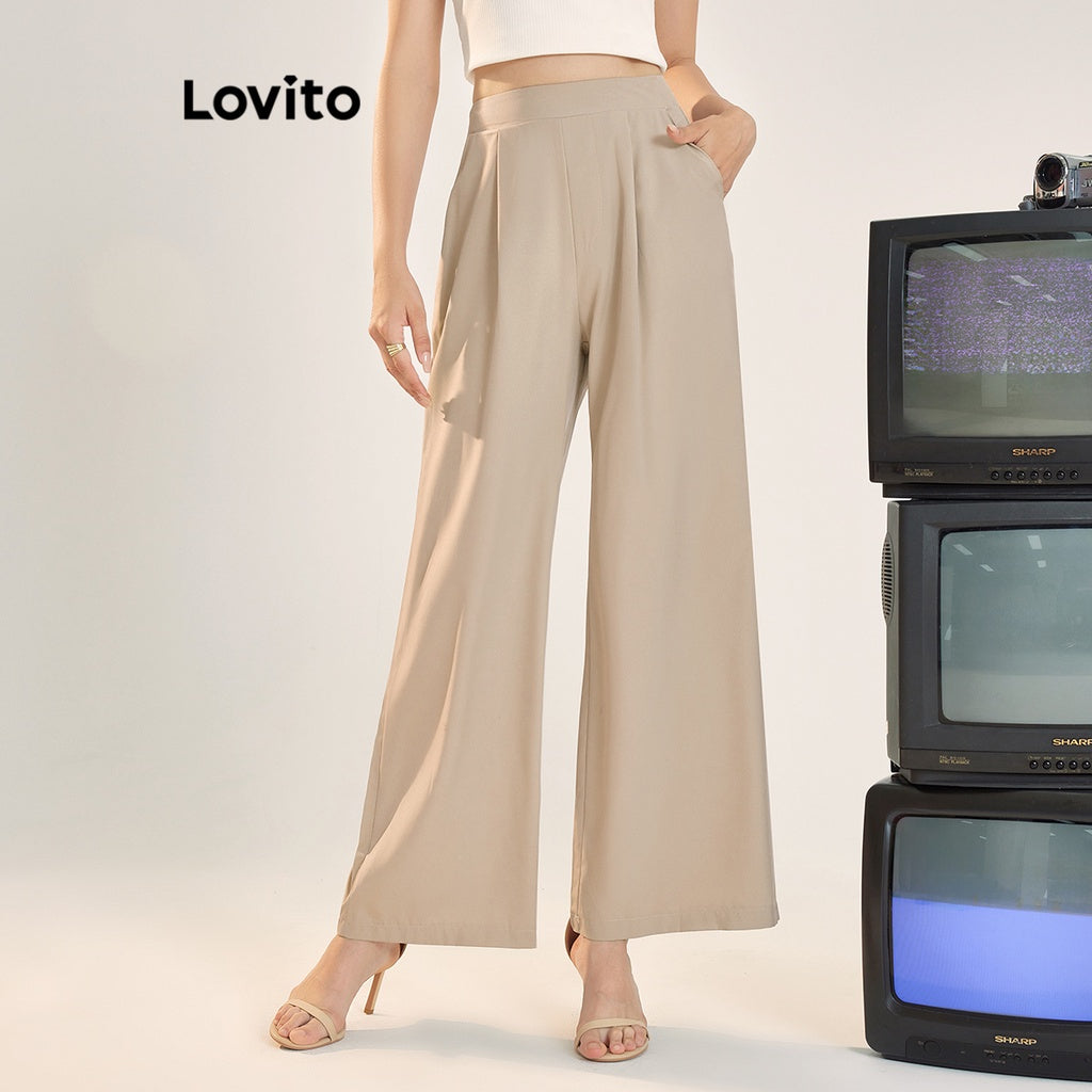 Lovito Calça com Bolsos de Cintura Alta e Estrutura de Linha Casual Simples