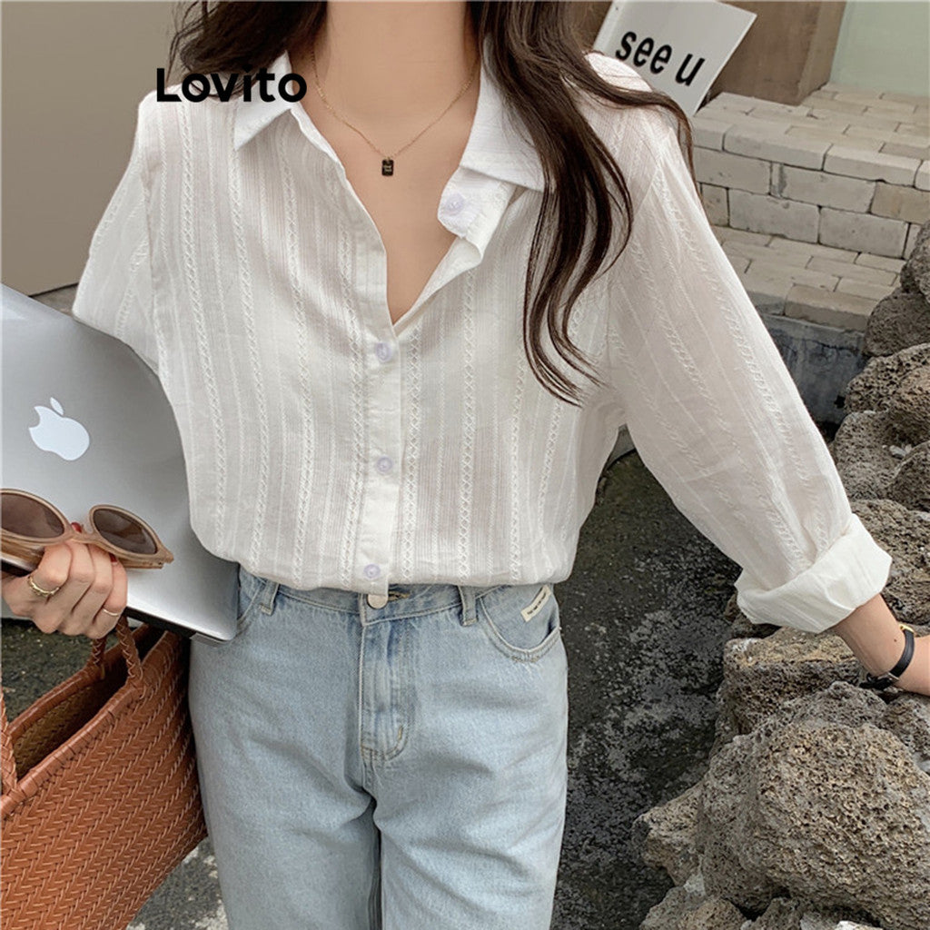Lovito Casual Blusa Feminina Lisa de Jacquard com Manga Comprida