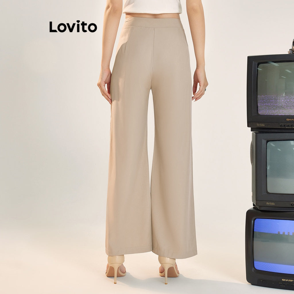 Lovito Calça com Bolsos de Cintura Alta e Estrutura de Linha Casual Simples