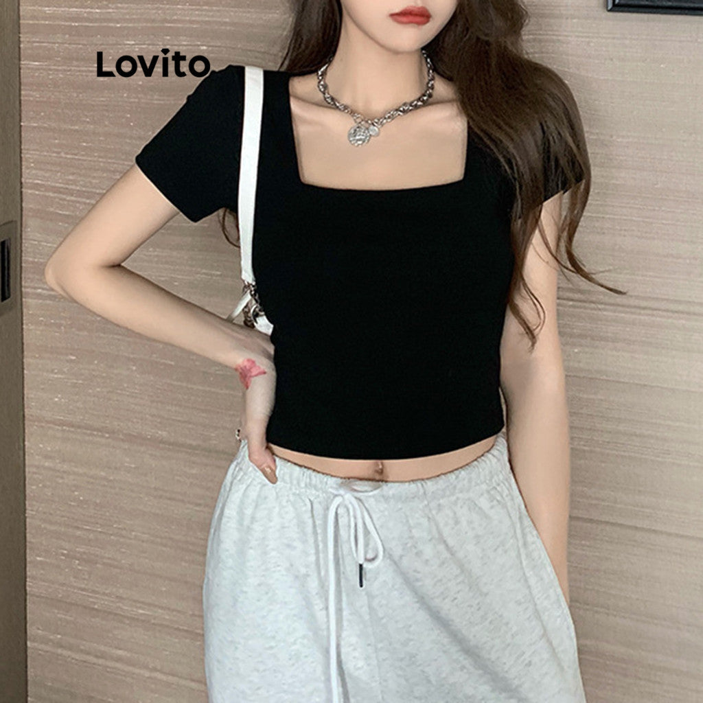 Lovito Casual Camiseta Feminina Lisa Básica com Decote Quadrado