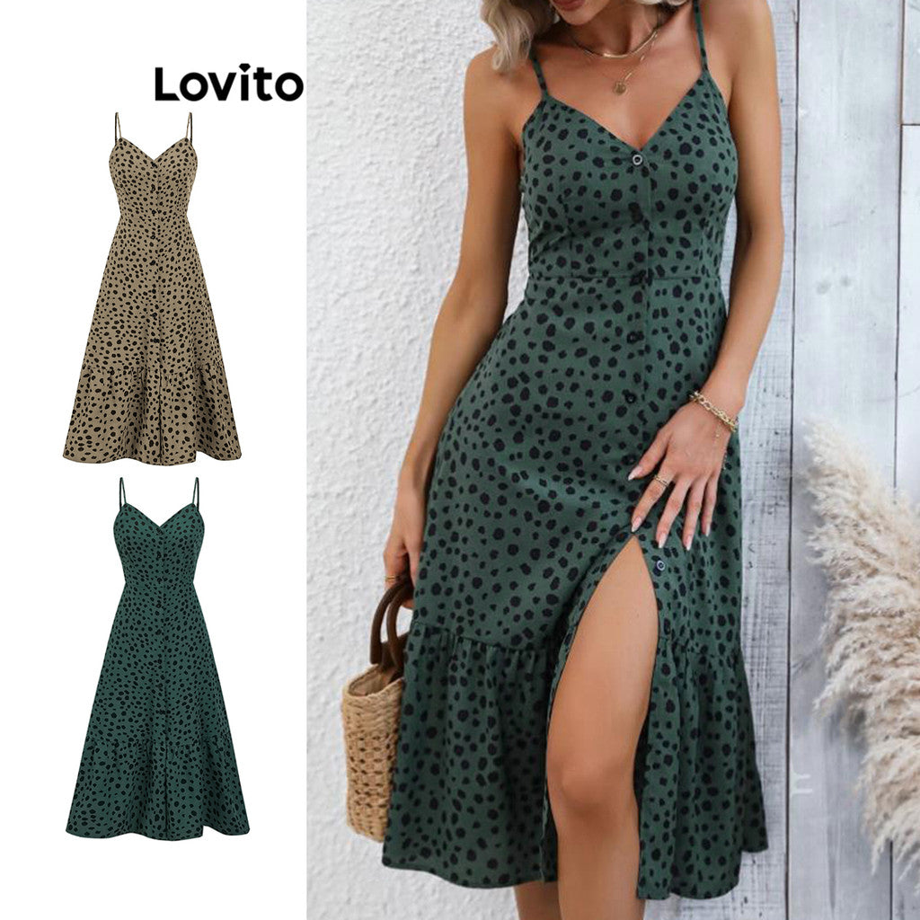 Lovito Vestido Casual Feminino Com Babados Frontais Com Botão De Bolinhas
