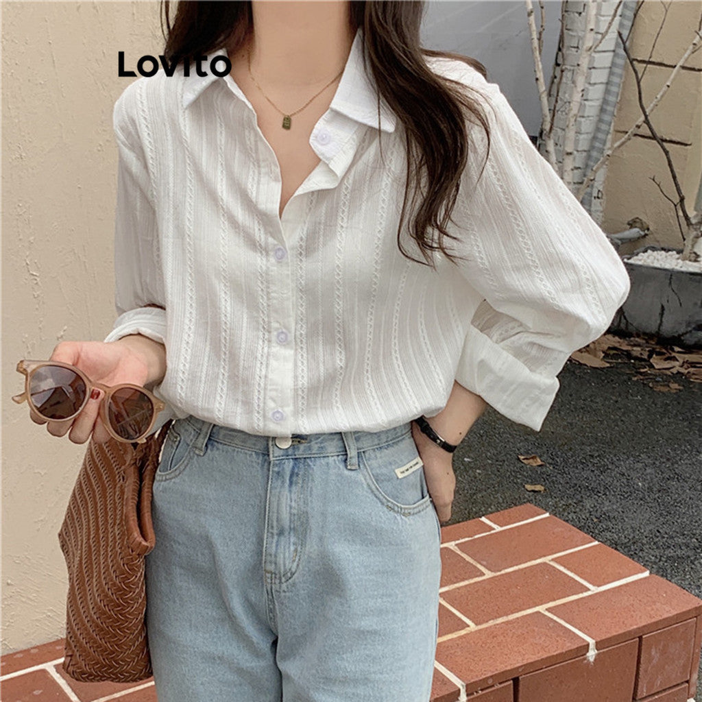 Lovito Casual Blusa Feminina Lisa de Jacquard com Manga Comprida