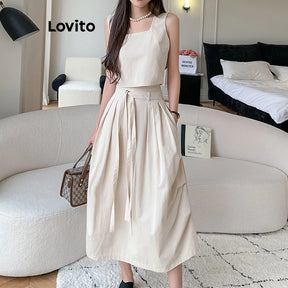 Lovito Casual Conjunto Feminino Liso de Saia Plissada com Cinto e Bolso