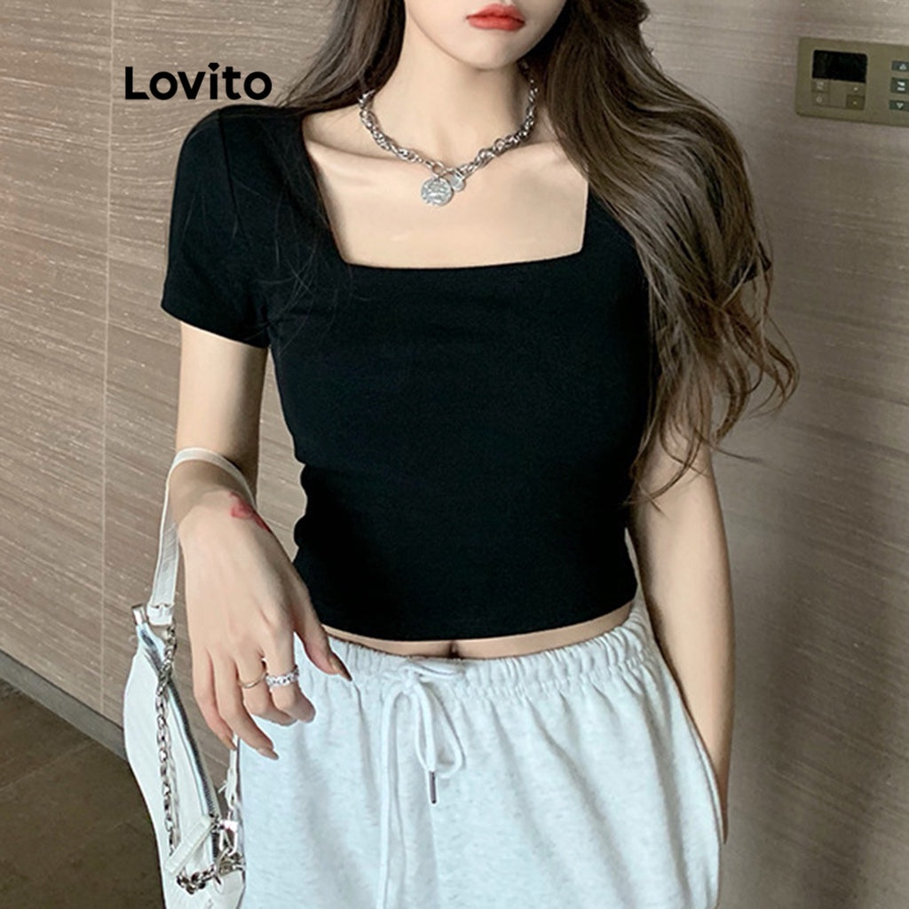 Lovito Casual Camiseta Feminina Lisa Básica com Decote Quadrado
