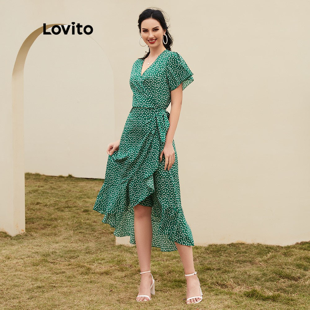 Lovito Boho Vestido de Bolinha Com Fenda e Decote V Profundo com Renda