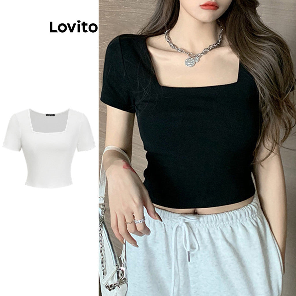 Lovito Casual Camiseta Feminina Lisa Básica com Decote Quadrado