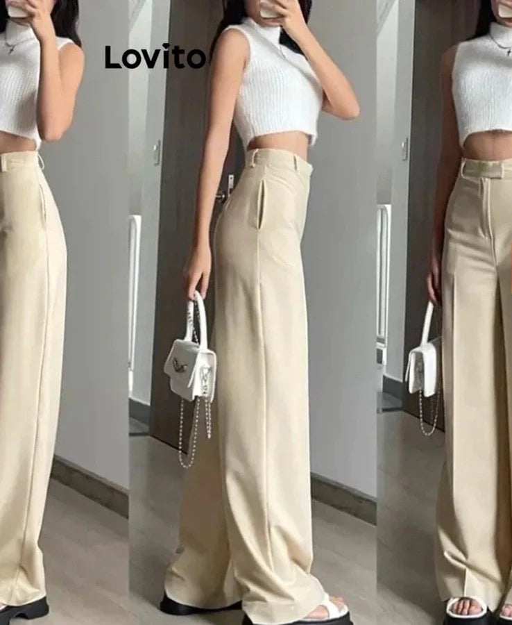 Lovito Casual Calça Feminina Lisa com Bolso