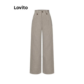 Lovito Casual Calça Feminina Gingham com Botão