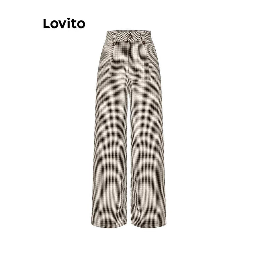 Lovito Casual Calça Feminina Gingham com Botão