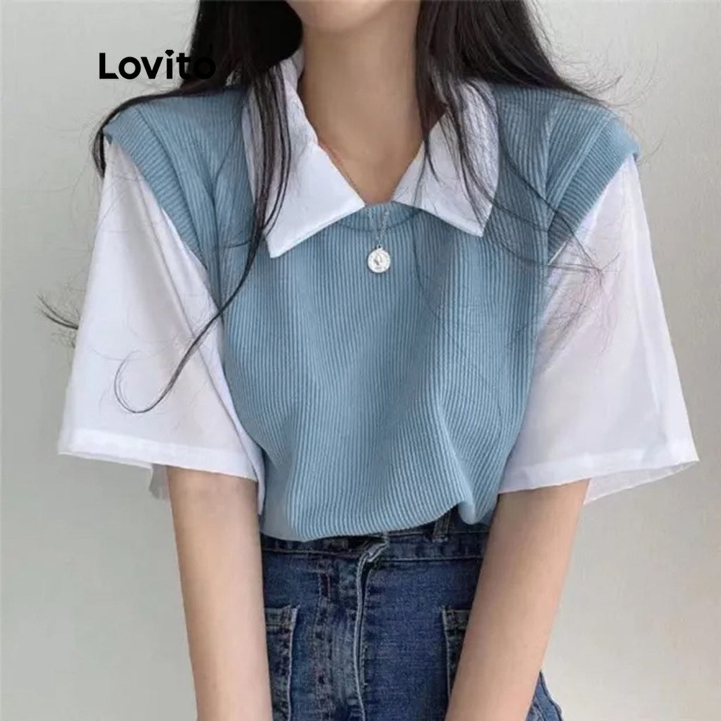 Lovito Blusa Casual de Malha com Mangas Curtas e Gola Contrastante