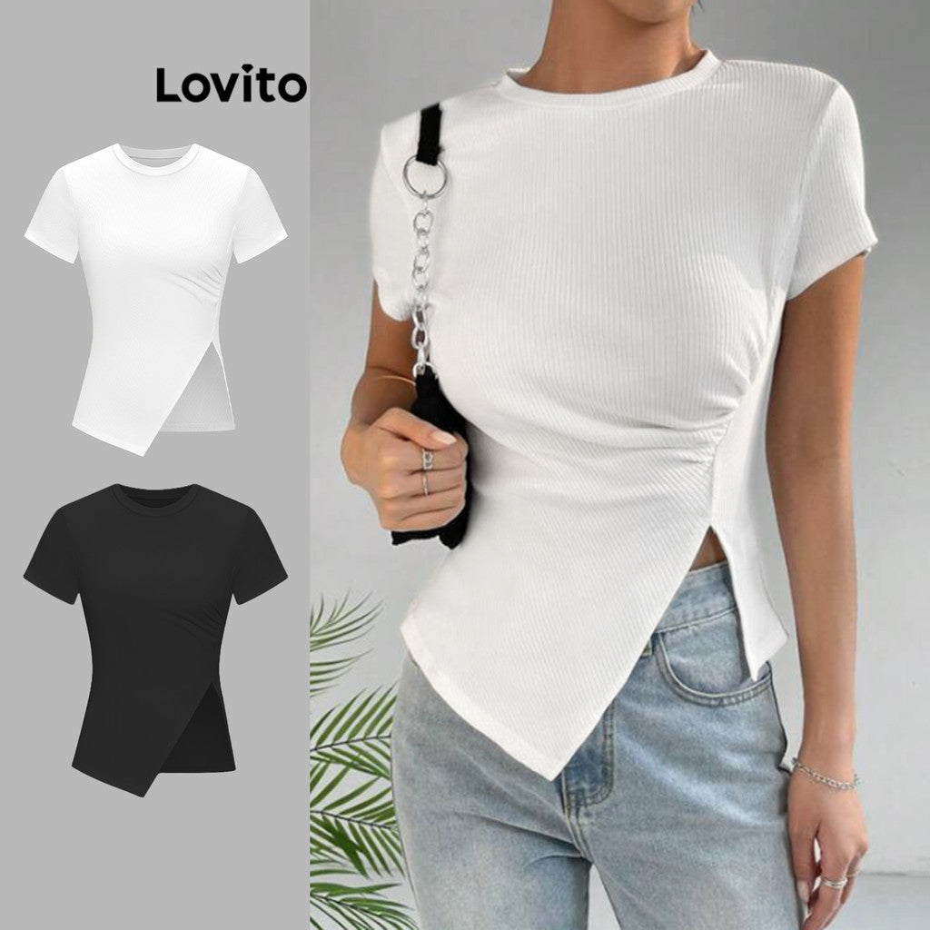 Lovito Elegante Lisa Camiseta Feminina Plissada com Fenda