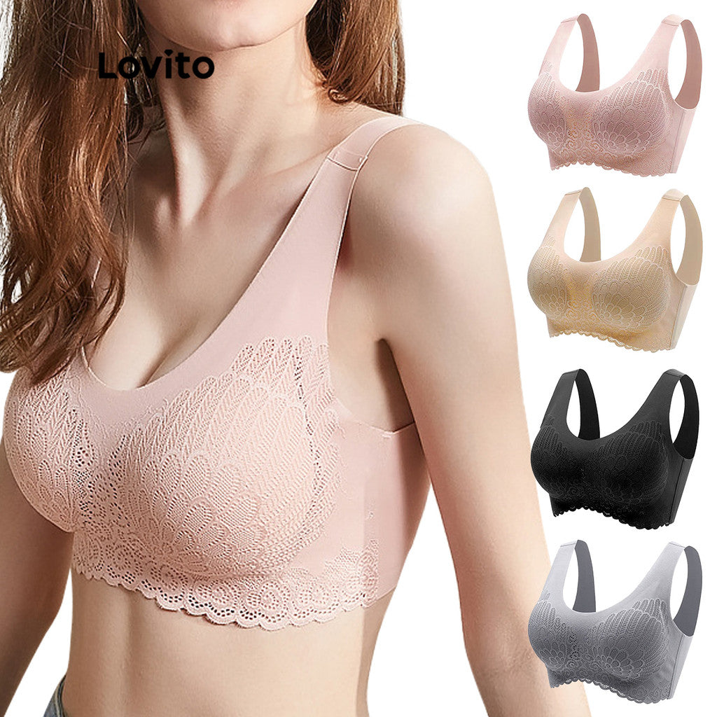Lovito Casual Sutiã com Renda e Almofadas Removíveis Ajuste Ajustável
