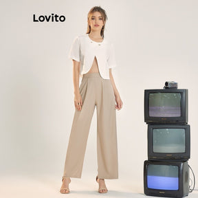 Lovito Calça com Bolsos de Cintura Alta e Estrutura de Linha Casual Simples