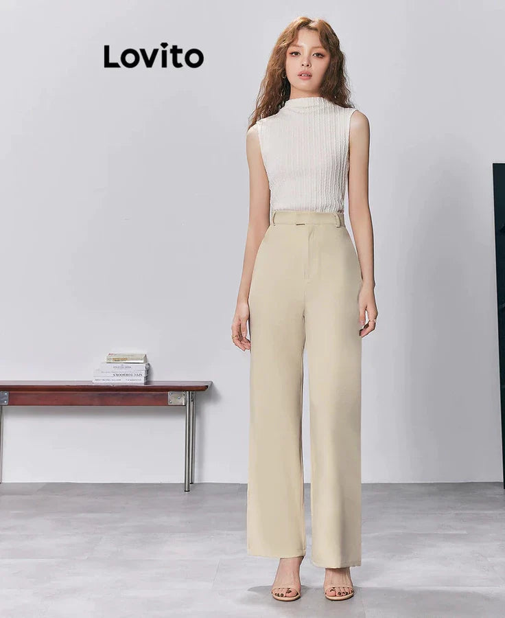 Lovito Casual Calça Feminina Lisa com Bolso