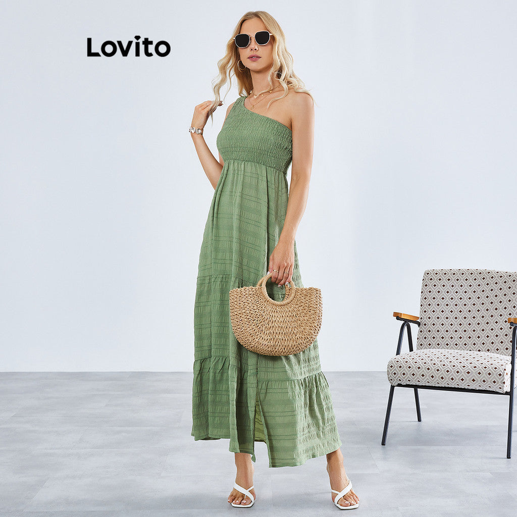 Lovito Boho Vestido com Babado Bata Assimétrico
