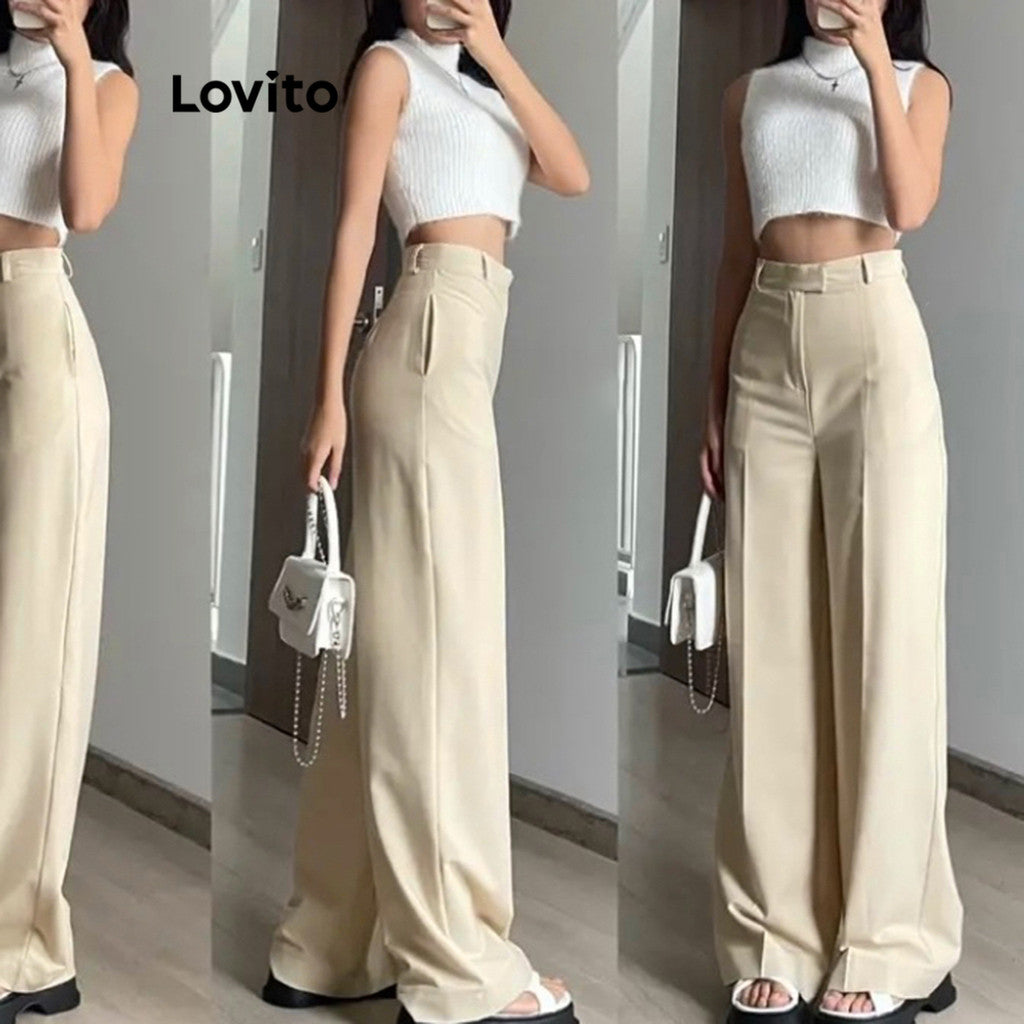 Lovito Casual Calça Feminina Lisa com Bolso