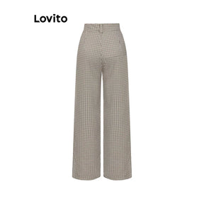 Lovito Casual Calça Feminina Gingham com Botão