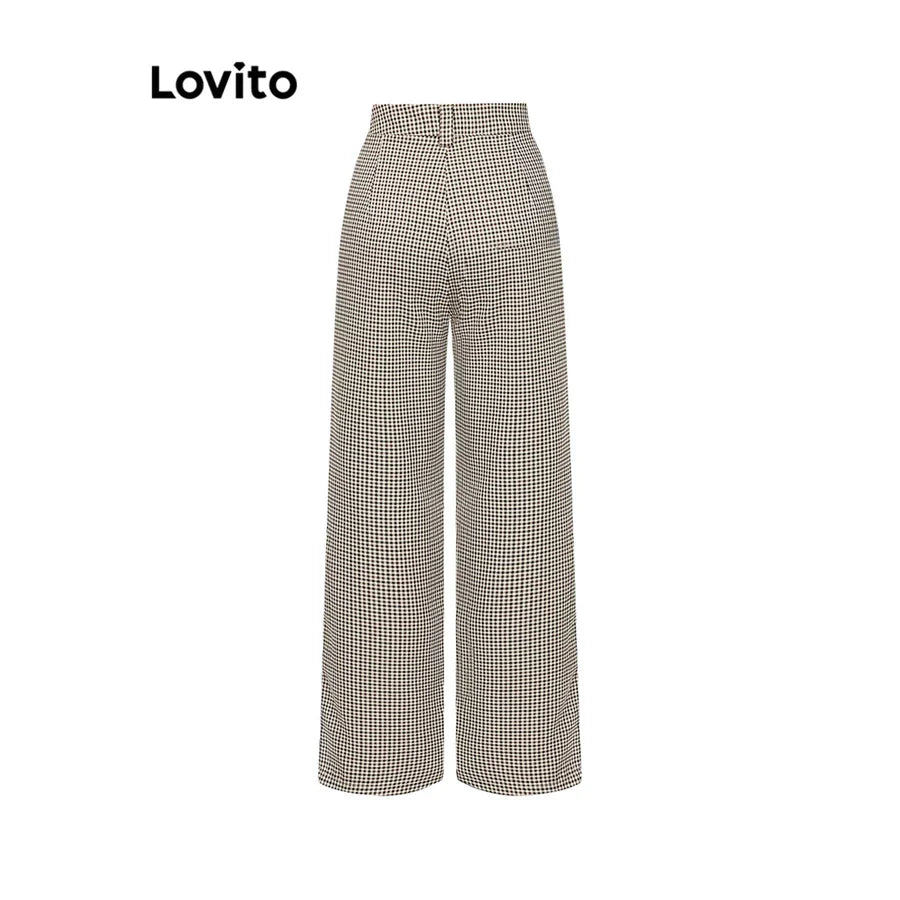Lovito Casual Calça Feminina Gingham com Botão