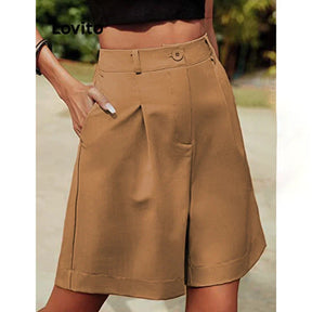Lovito Casual Shorts Plissados Liso Bolsos
