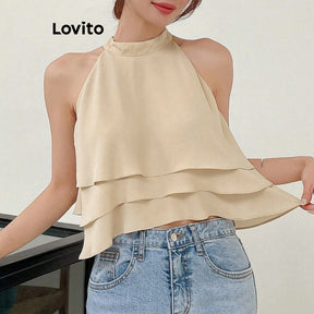 Lovito Elegante Blusa Feminina Lisa com Camadas
