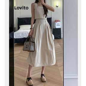 Lovito Casual Conjunto Feminino Liso de Saia Plissada com Cinto e Bolso