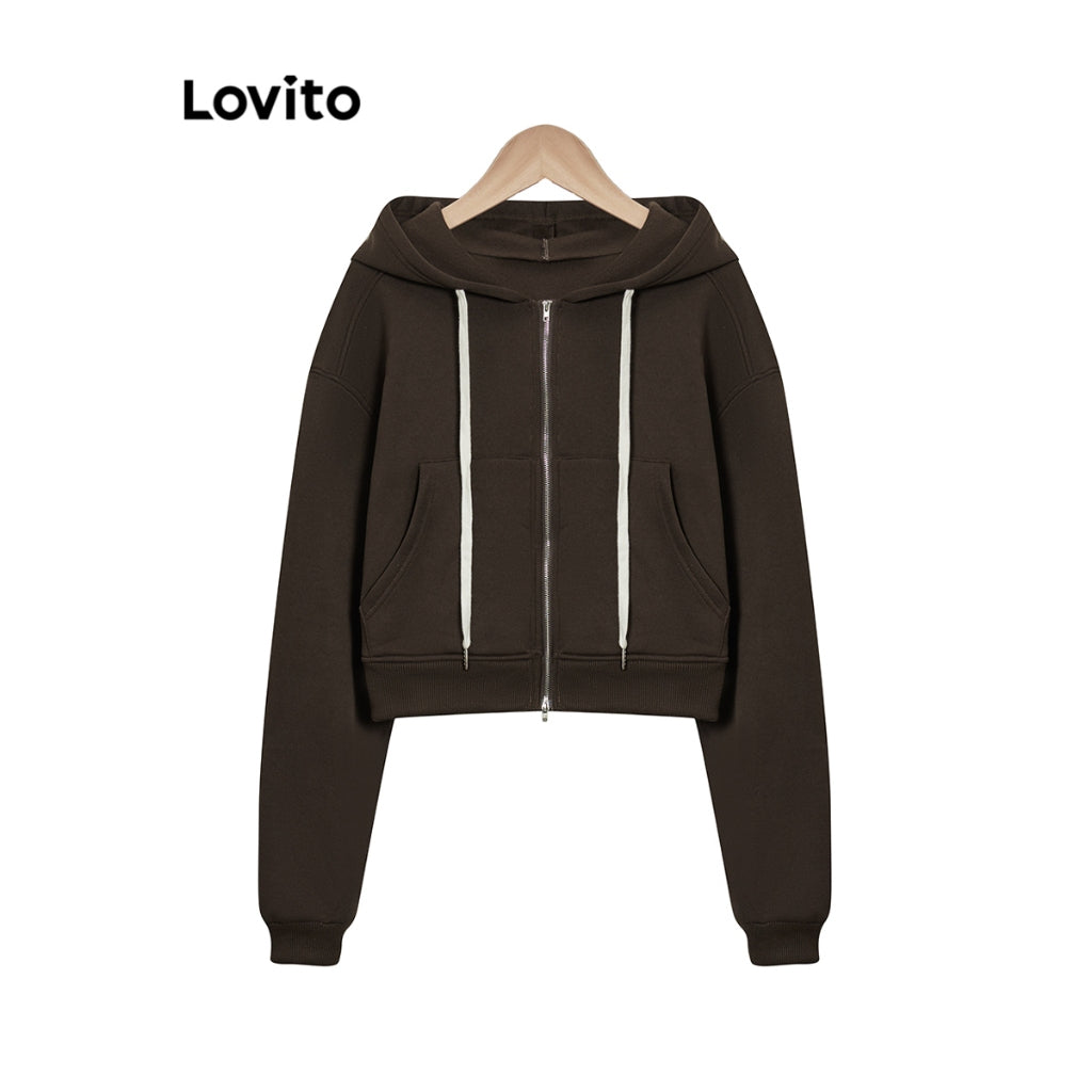 Lovito Casual Casaco Feminino Simples de Bolso com Zíper e Zíper Frontal