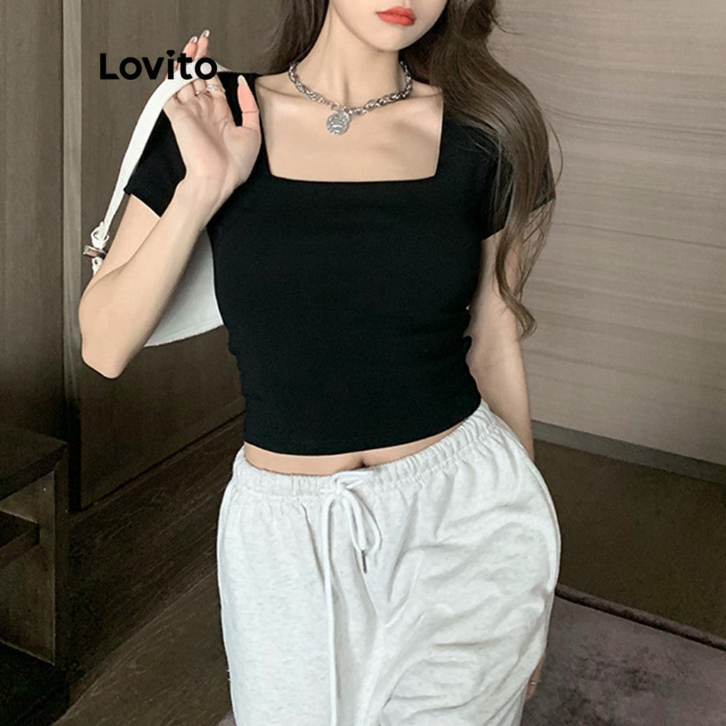 Lovito Casual Camiseta Feminina Lisa Básica com Decote Quadrado