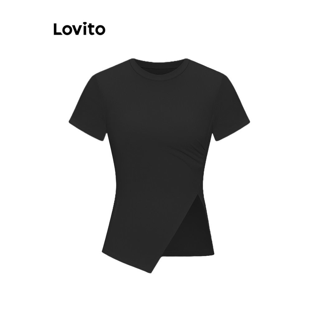 Lovito Elegante Lisa Camiseta Feminina Plissada com Fenda