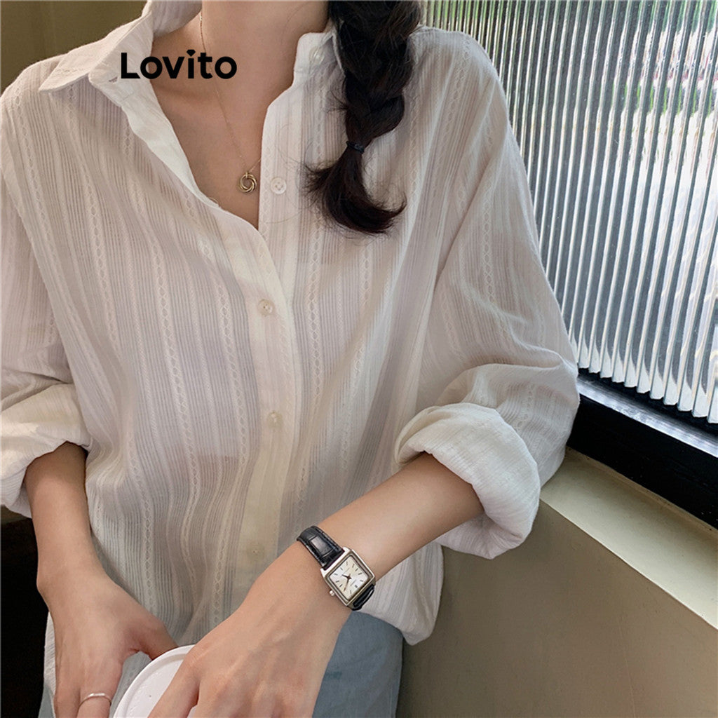 Lovito Casual Blusa Feminina Lisa de Jacquard com Manga Comprida