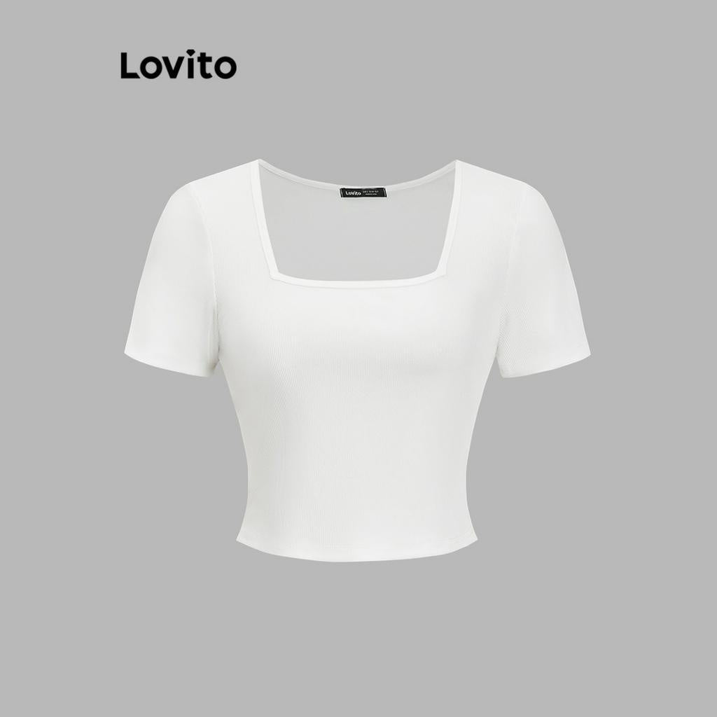 Lovito Casual Camiseta Feminina Lisa Básica com Decote Quadrado