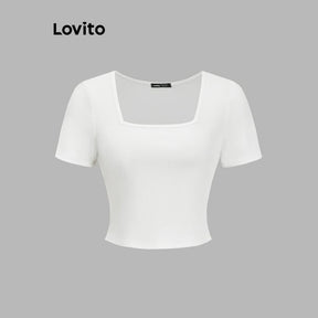 Lovito Casual Camiseta Feminina Lisa Básica com Decote Quadrado