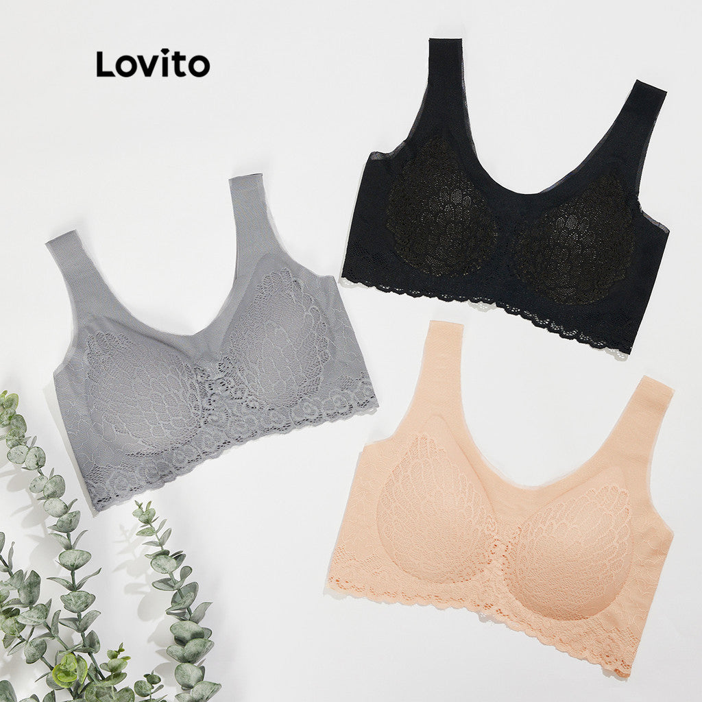 Lovito Casual Sutiã com Renda e Almofadas Removíveis Ajuste Ajustável