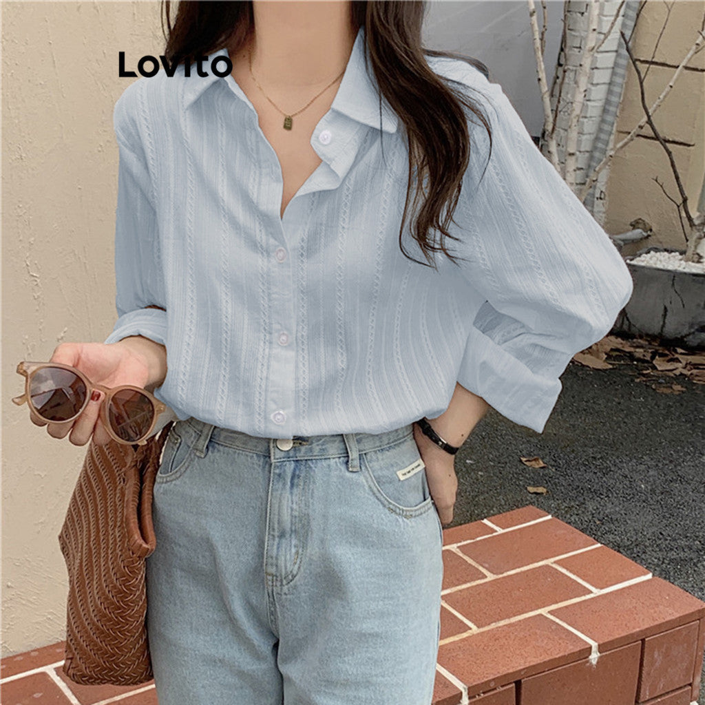 Lovito Casual Blusa Feminina Lisa de Jacquard com Manga Comprida