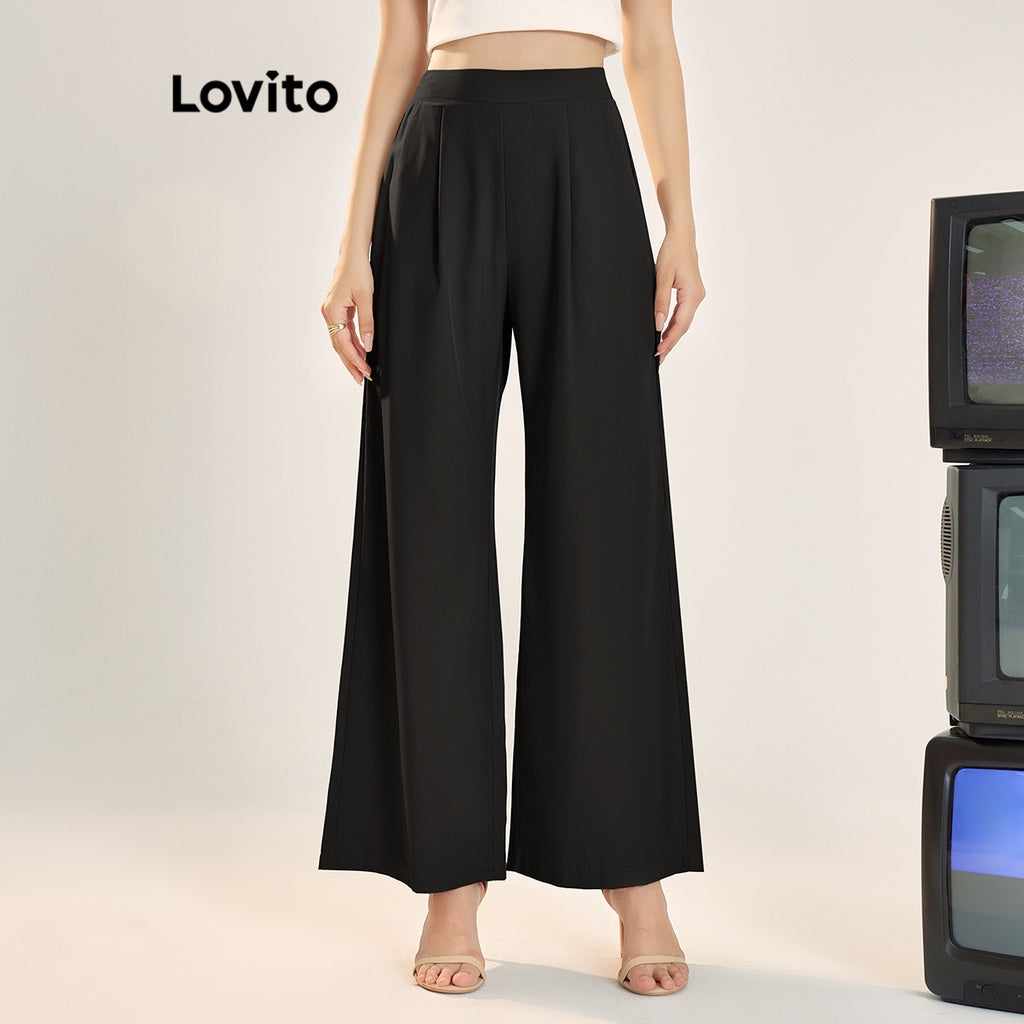 Lovito Calça com Bolsos de Cintura Alta e Estrutura de Linha Casual Simples