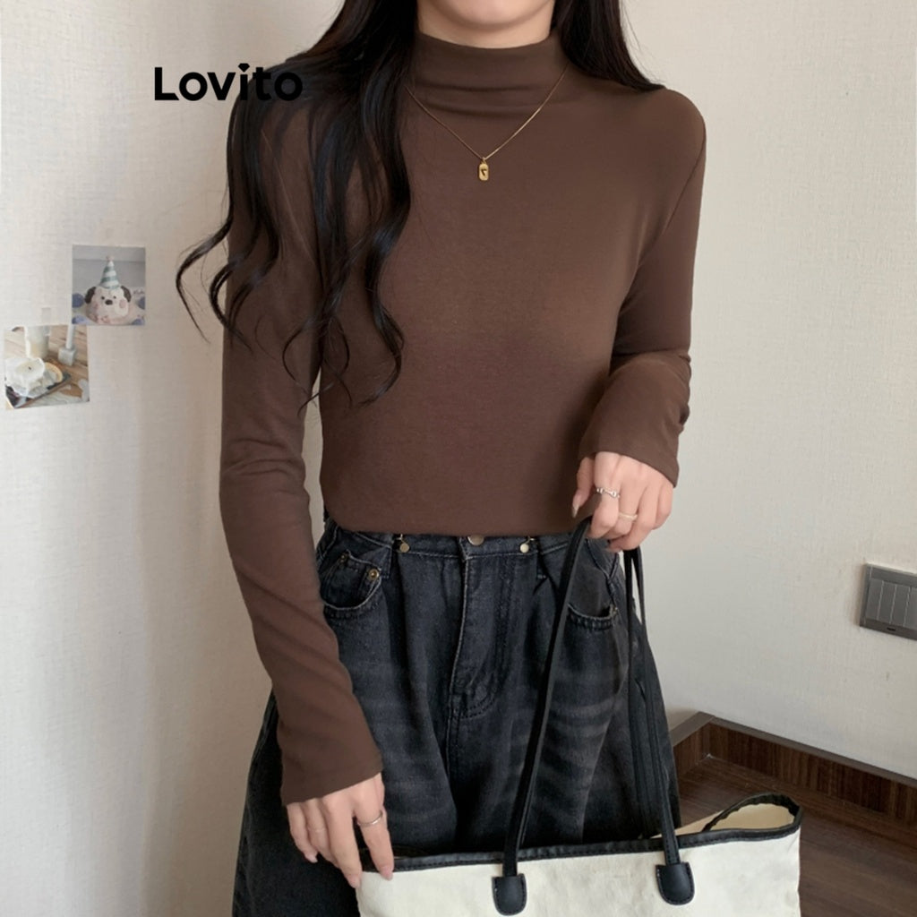Lovito Casual Camiseta Feminina Lisa de Gola Redonda
