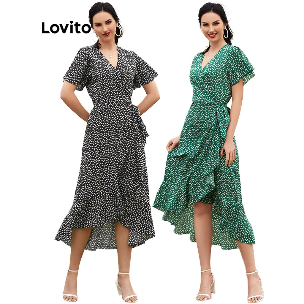 Lovito Boho Vestido de Bolinha Com Fenda e Decote V Profundo com Renda