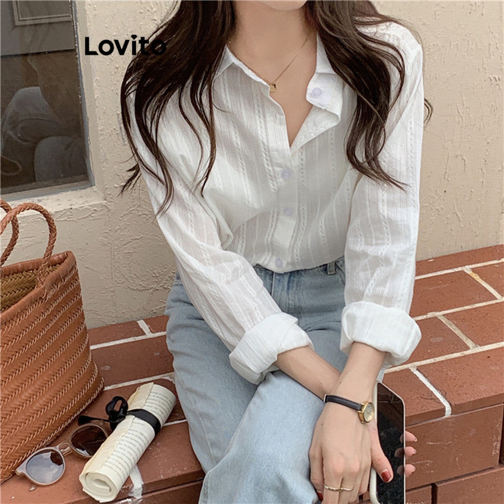 Lovito Casual Blusa Feminina Lisa de Jacquard com Manga Comprida