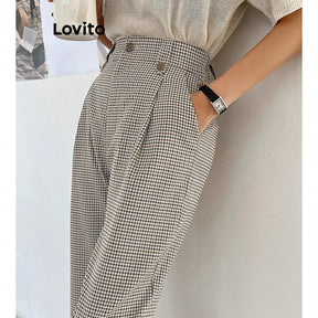 Lovito Casual Calça Feminina Gingham com Botão