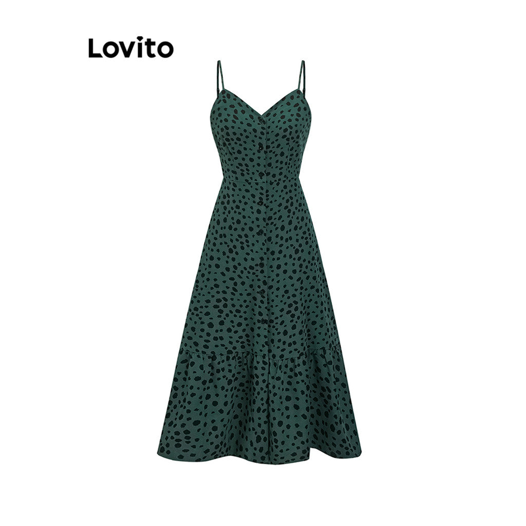 Lovito Vestido Casual Feminino Com Babados Frontais Com Botão De Bolinhas