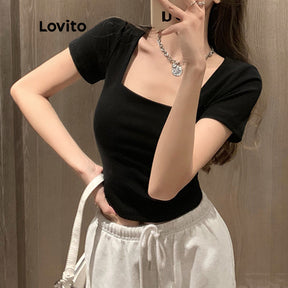 Lovito Casual Camiseta Feminina Lisa Básica com Decote Quadrado