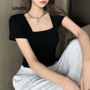 Lovito Casual Camiseta Feminina Lisa Básica com Decote Quadrado